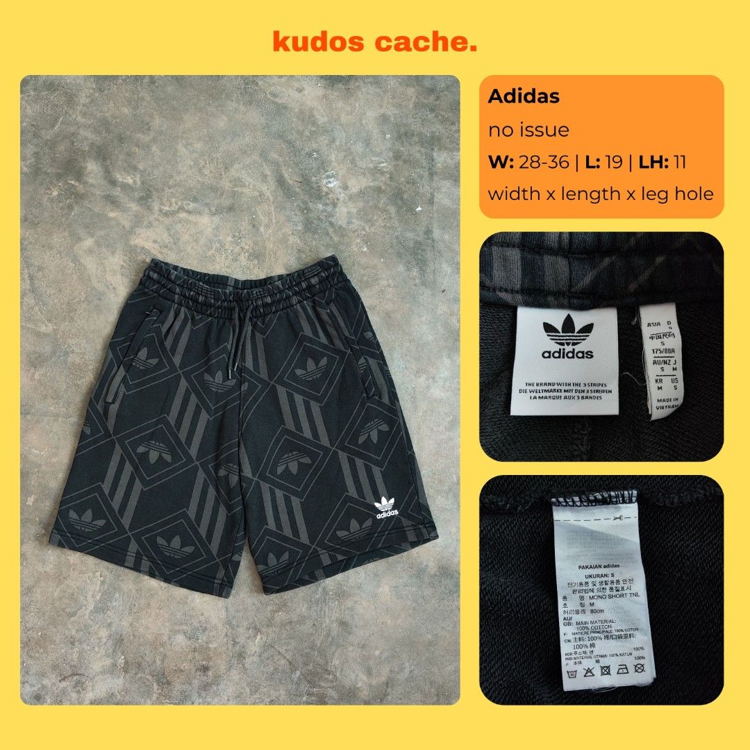 Adidas Monogram Short (Category: Shorts) located in Rosales. Submitted by kudoscache (Listing ID 1470439186, Image 1). Description: - Brand: Adidas - Waist: 28-36 | Length: 19 - Color: Dark Gray - slightly nego payment: maribank / gotyme courier: J&T.