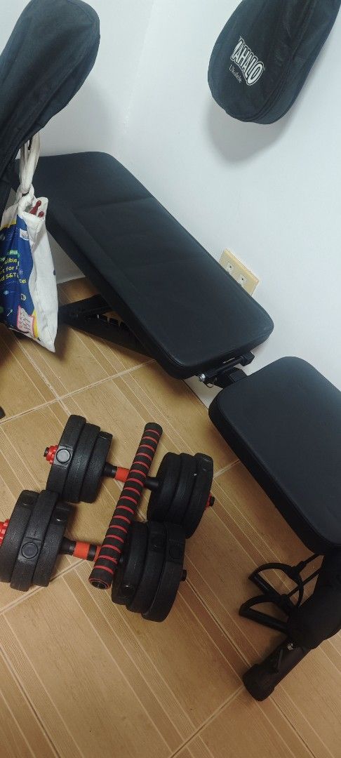 Adjustable Weight Bench press with Dumbbells (Category: Weights & Dumbbells) located in Marikina City. Submitted by enokirob (Listing ID 1470428474, Image 1). Description: rush sale 2200 only take all, slightly negotiable .
