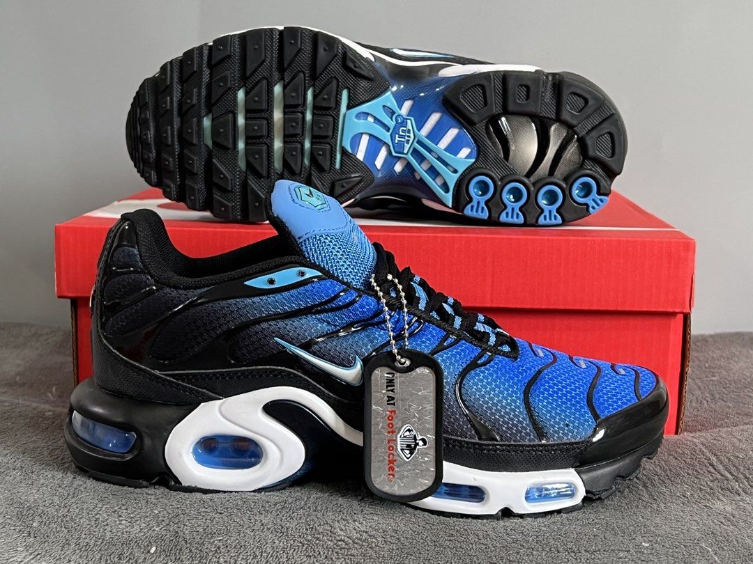 Air Max Plus wholesale (Category: Casual Shoes) located in Manila. Submitted by isl_wholesale (Listing ID 1470426336, Image 3). Description: - 100% Authentic Foot Locker Exclusive Nike Air Max Plus sneakers - Colorways available: Black, Gradient Blue, Grey, and Red accented pairs - Lot of 12 pairs total, complete with original boxes - Includes the special 'Only at Foot Locker' dog tag accessory attached to each pair - Equipped with signature Tune