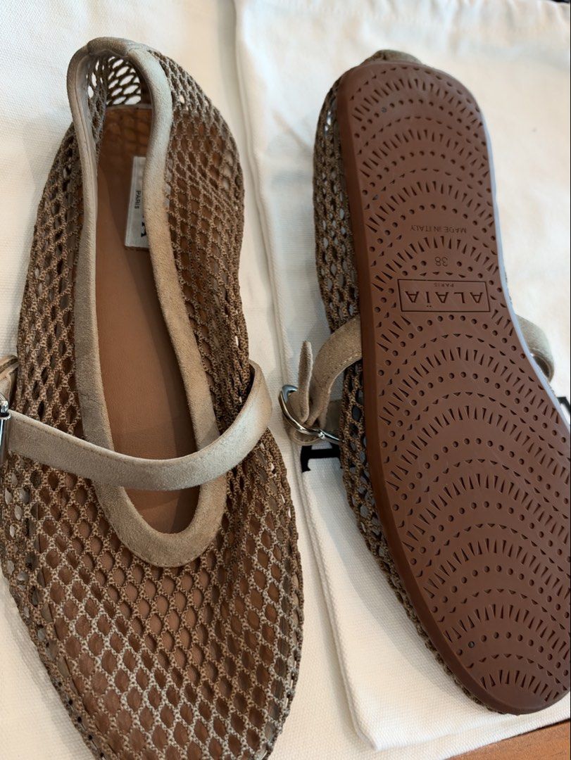 Alaïa Fishnet Mary Jane Flats Size 38 (Category: Flats & Sandals) located in Manila. Submitted by mypreloved2024 (Listing ID 1470529643, Image 3). Description: - Brand: Alaïa - Style: Iconic fishnet Mary Jane flats - Size: 38 (Made in Italy) - Available Colors: Black crystal, black, brown, and taupe (Selling individually, message to choose) - Design: Mesh upper with adjustable instep buckle strap - Sole: Flat sole with patterned rubber outsole - 