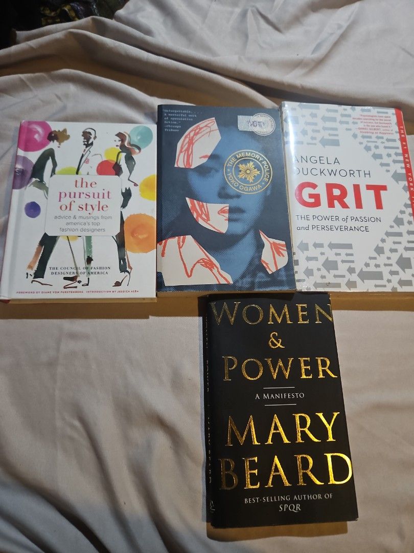 All books 300 below - Brand New (Category: Storybooks) located in Manila. Submitted by elliaaa_ (Listing ID 1470469969, Image 1). Description: A) The Pursuit of Style (coffee table book, never used) - 255 B) The Memory Police - 250 C) Grit: The Power of Passion and Perseverance (sealed, never opened) - 300 D) Women & Power: A Manifesto - 250 Take all for 930.