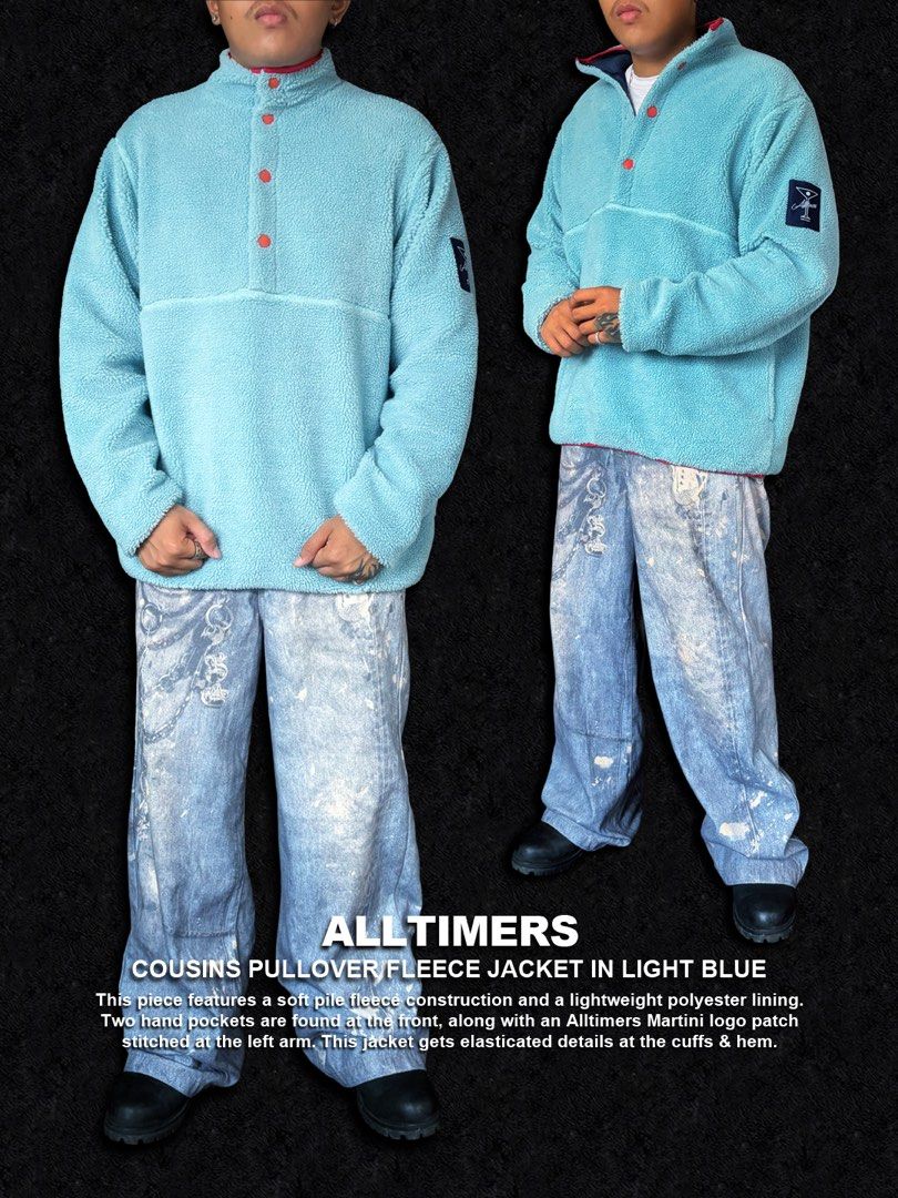 ALLTIMERS Cousins Pullover Fleece Jacket Light Blue (Category: Coats, Jackets and Outerwear) located in Dinalupihan. Submitted by thriftout.ph (Listing ID 1470462888, Image 3). Description: PLEASE READ ALL THE DETAILS⬇️ Tagged as Large : 24W | 29L Model Height : 5’9 No major issues, just signs of wear. Good / Presentable. PRICE - P2,880 Free Shipping Free Shipping On Local Orders Over P2,000 - Brand: Alltimers Skateboards - Color: Light Blue - Ma