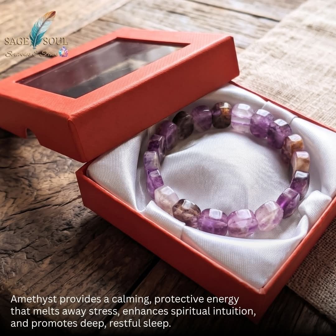 Amethyst Chunky Geometric Crystal Bracelet (Category: Bracelets) located in Manila. Submitted by sagesoulscribblesstones (Listing ID 1470511109, Image 3). Description: 💜 Amethyst Chunky Geometric Crystal Bracelet 💜 Amethyst provides a calming, protective energy that melts away stress, enhances spiritual intuition, and promotes deep, restful sleep. Perfect for Gifting....Only ₱850! Each bracelet comes with: 🎁 a FREE gift box and a pretty pouch,