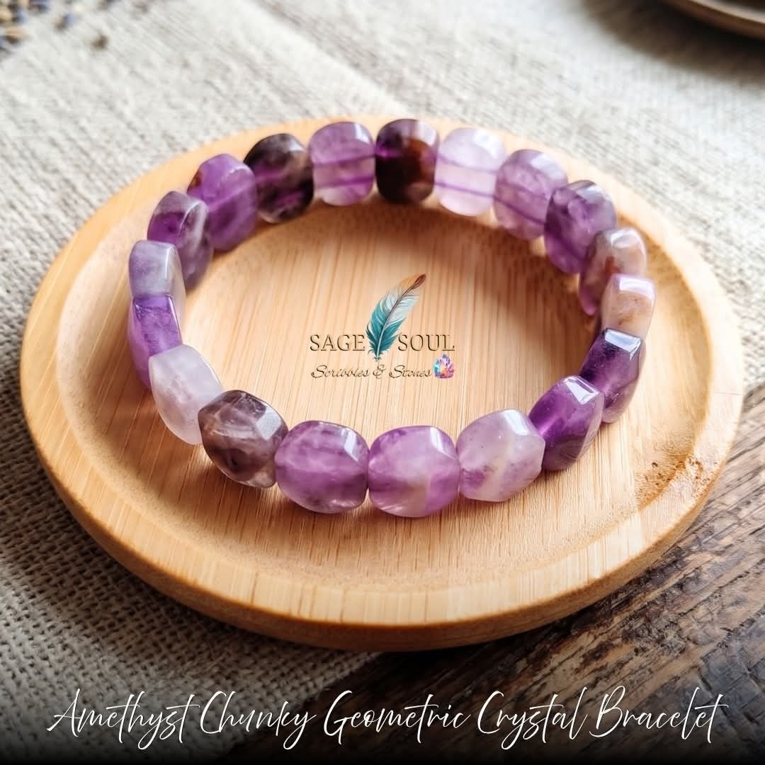 Amethyst Chunky Geometric Crystal Bracelet (Category: Bracelets) located in Manila. Submitted by sagesoulscribblesstones (Listing ID 1470511109, Image 1). Description: 💜 Amethyst Chunky Geometric Crystal Bracelet 💜 Amethyst provides a calming, protective energy that melts away stress, enhances spiritual intuition, and promotes deep, restful sleep. Perfect for Gifting....Only ₱850! Each bracelet comes with: 🎁 a FREE gift box and a pretty pouch,