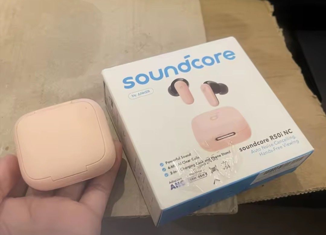 Anker Soundcore R50i NC True Wireless Earbuds Pink (Category: Earphones) located in Manila. Submitted by anrebetted08 (Listing ID 1470358697, Image 1). Description: - Model: Anker Soundcore R50i NC Wireless Earbuds - Color: Pink - Condition: Tested, fully working, and very clean - Inclusions: Original box, charging case, and earbuds - ANC & Calls: Auto noise cancelling and 4-mic AI clear calls - Unique Feature: 2-in-1 charging case that doubles a