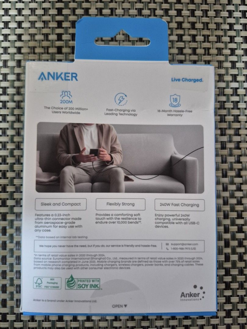 Anker Zolo Braided Type C to Type C Cable 6FT 240W (Category: Chargers & Cables) located in San Fernando. Submitted by jianmnss (Listing ID 1470360127, Image 2). Description: Anker Zolo Braided Type C to Type C Cable 6FT 240W *6ft braided type c to type c cable *Ultra compact connector *Durable for 10,000 bends *240W charging speeds *Mode of payment cash or online banking *Available for delivery or meet up.
