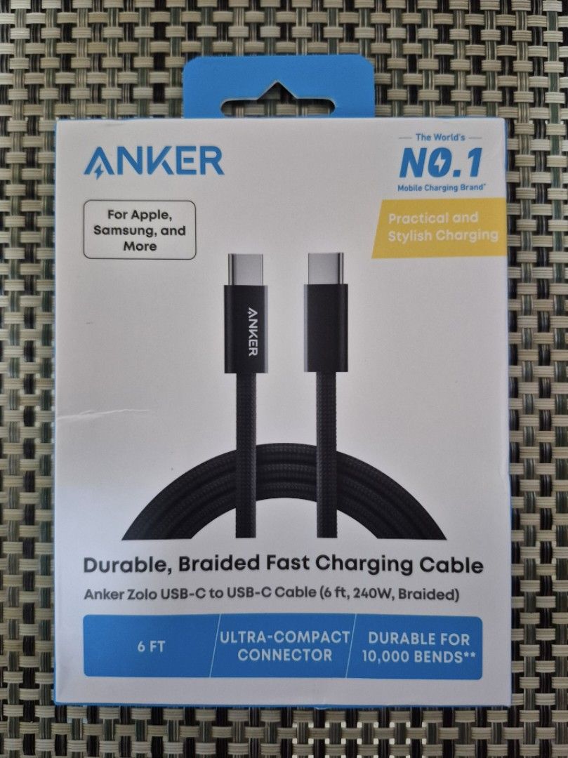 Anker Zolo Braided Type C to Type C Cable 6FT 240W (Category: Chargers & Cables) located in San Fernando. Submitted by jianmnss (Listing ID 1470360127, Image 1). Description: Anker Zolo Braided Type C to Type C Cable 6FT 240W *6ft braided type c to type c cable *Ultra compact connector *Durable for 10,000 bends *240W charging speeds *Mode of payment cash or online banking *Available for delivery or meet up.