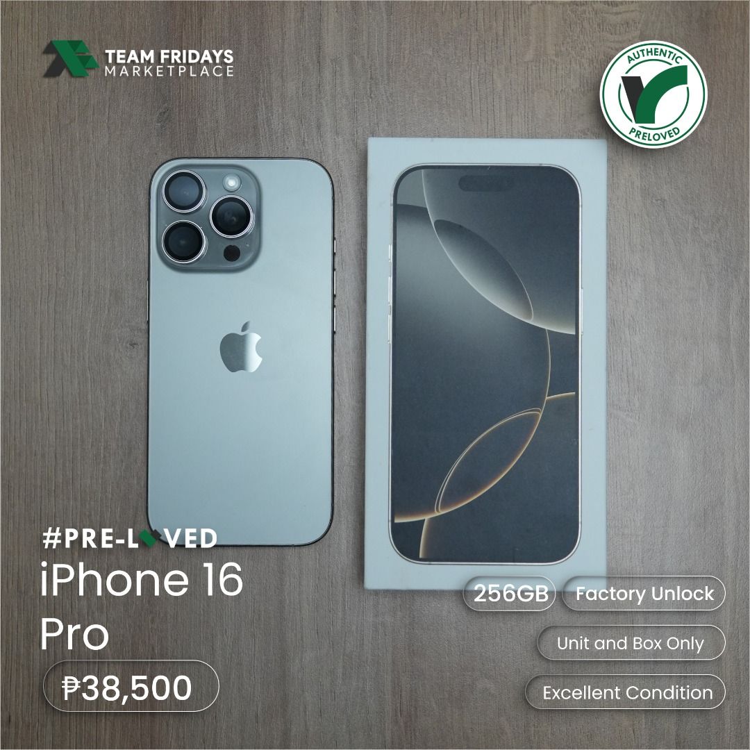 Apple Iphone 16 Pro (256GB) (Category: iPhone 16 Series) located in Quezon City. Submitted by teamfridaysmarketplace (Listing ID 1470421203, Image 3). Description: Apple Iphone 16 Pro (256GB) Factory Unlock Php38500 The unit is in excellent condition Warranty: 1 Week Money Back Guaranteed Package: Unit with box and manual with Branded Case Description - 256GB - 88% BH - Guaranteed No defects and NOT Refurbish!!! Globe: 09174994949 Instagram: team