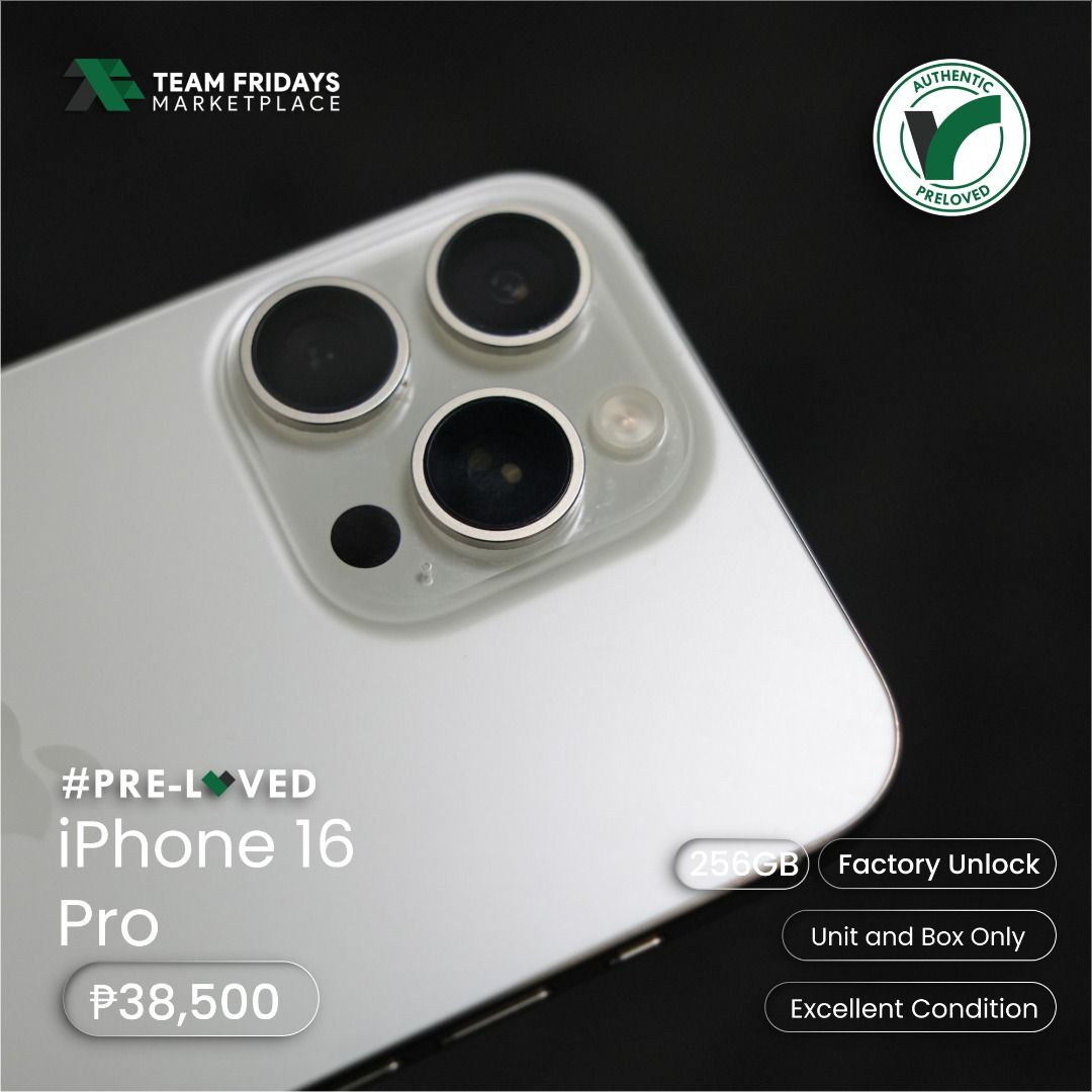 Apple Iphone 16 Pro (256GB) (Category: iPhone 16 Series) located in Quezon City. Submitted by teamfridaysmarketplace (Listing ID 1470421203, Image 2). Description: Apple Iphone 16 Pro (256GB) Factory Unlock Php38500 The unit is in excellent condition Warranty: 1 Week Money Back Guaranteed Package: Unit with box and manual with Branded Case Description - 256GB - 88% BH - Guaranteed No defects and NOT Refurbish!!! Globe: 09174994949 Instagram: team