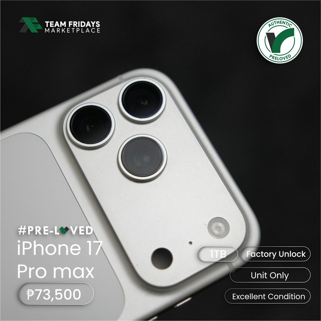 Apple Iphone 17 Pro Max (1TB) (Category: iPhone 17 Series) located in Quezon City. Submitted by teamfridaysmarketplace (Listing ID 1470418717, Image 3). Description: Apple Iphone 17 Pro Max (1TB) Factory Unlock Php73500 The unit is in excellent condition Warranty: 1 Week Money Back Guaranteed Package: Unit and original Cable only Description - 1TB - 99% BH - Guaranteed No defects and NOT Refurbish!!! Globe: 09174994949 Instagram: teamfridaysmarke