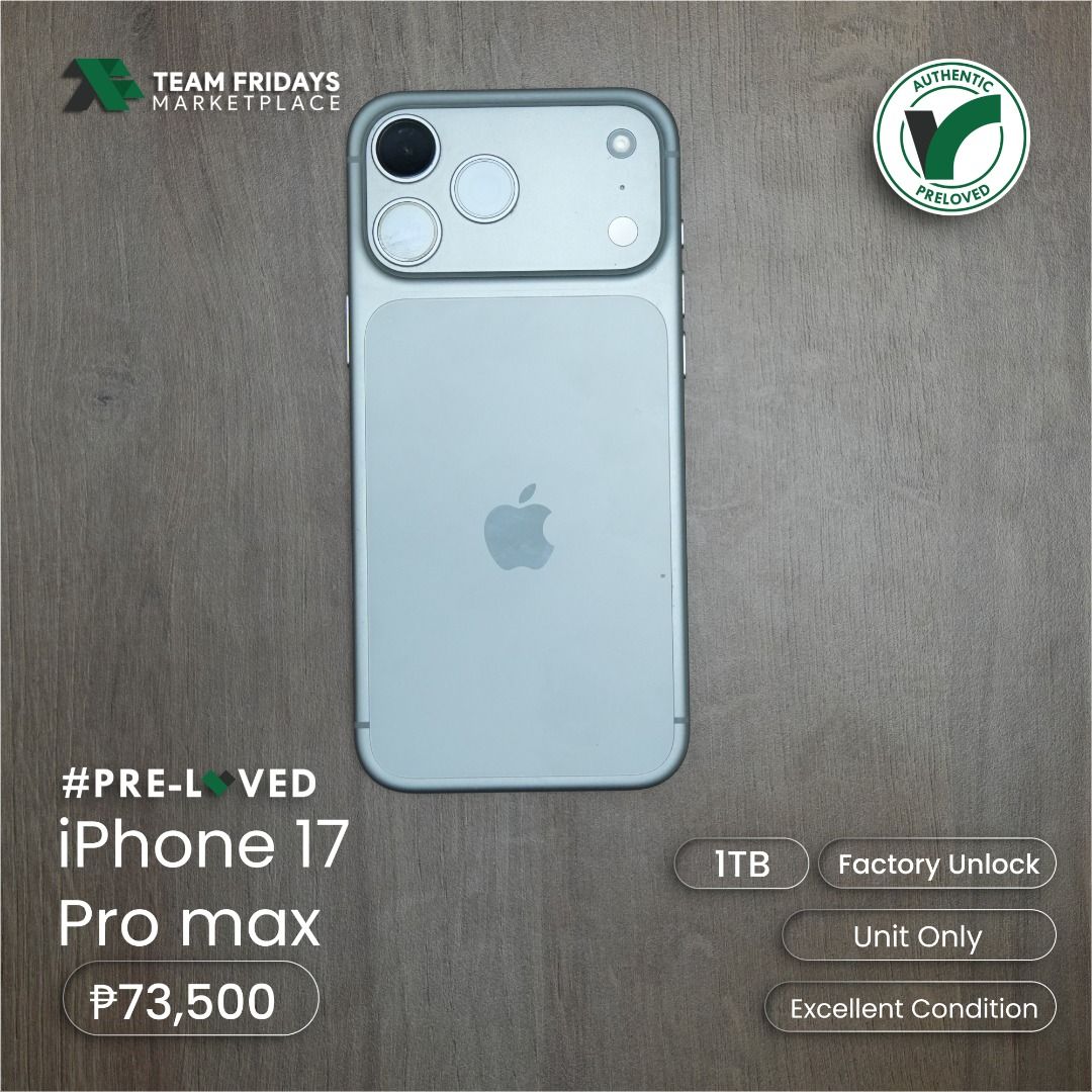 Apple Iphone 17 Pro Max (1TB) (Category: iPhone 17 Series) located in Quezon City. Submitted by teamfridaysmarketplace (Listing ID 1470418717, Image 2). Description: Apple Iphone 17 Pro Max (1TB) Factory Unlock Php73500 The unit is in excellent condition Warranty: 1 Week Money Back Guaranteed Package: Unit and original Cable only Description - 1TB - 99% BH - Guaranteed No defects and NOT Refurbish!!! Globe: 09174994949 Instagram: teamfridaysmarke