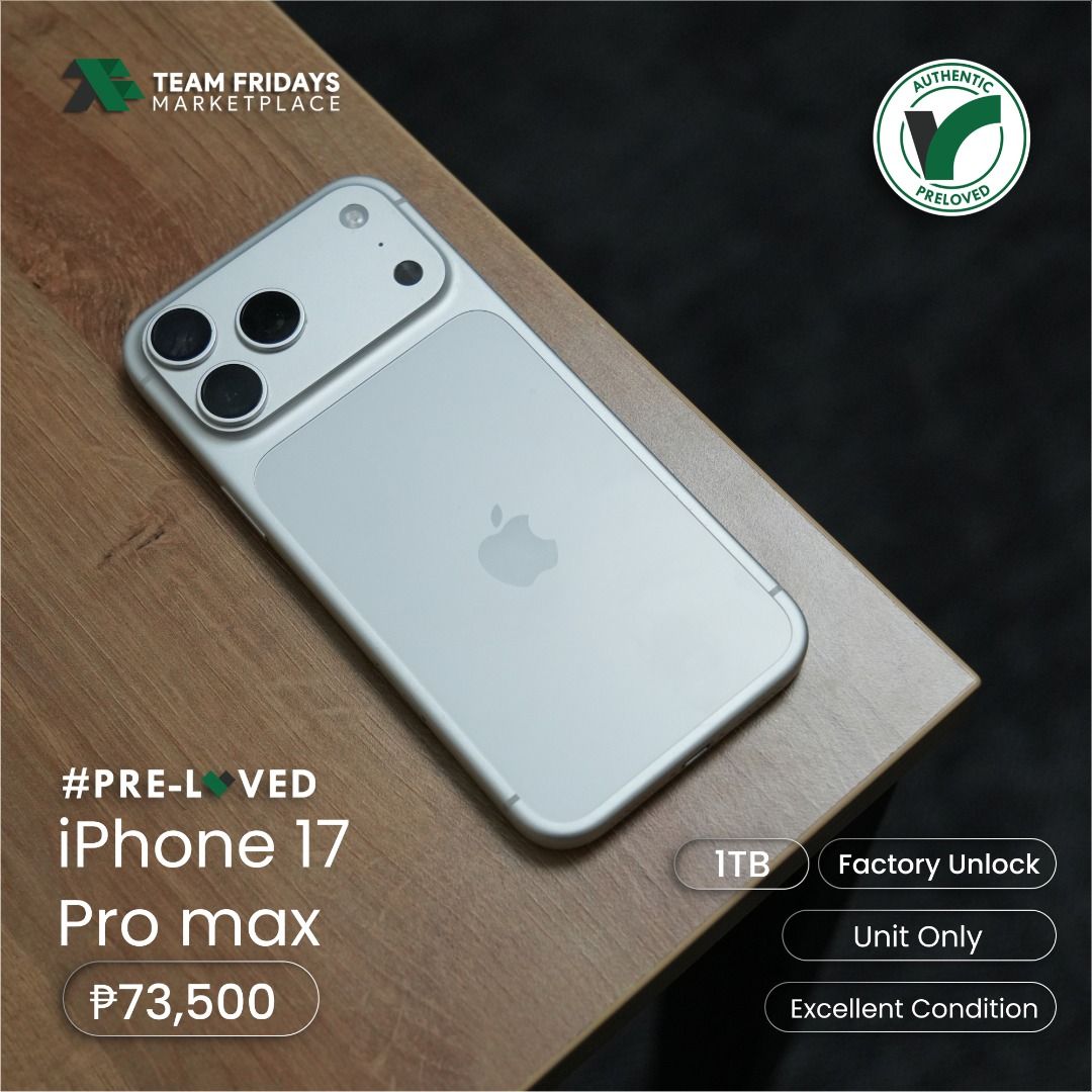 Apple Iphone 17 Pro Max (1TB) (Category: iPhone 17 Series) located in Quezon City. Submitted by teamfridaysmarketplace (Listing ID 1470418717, Image 1). Description: Apple Iphone 17 Pro Max (1TB) Factory Unlock Php73500 The unit is in excellent condition Warranty: 1 Week Money Back Guaranteed Package: Unit and original Cable only Description - 1TB - 99% BH - Guaranteed No defects and NOT Refurbish!!! Globe: 09174994949 Instagram: teamfridaysmarke