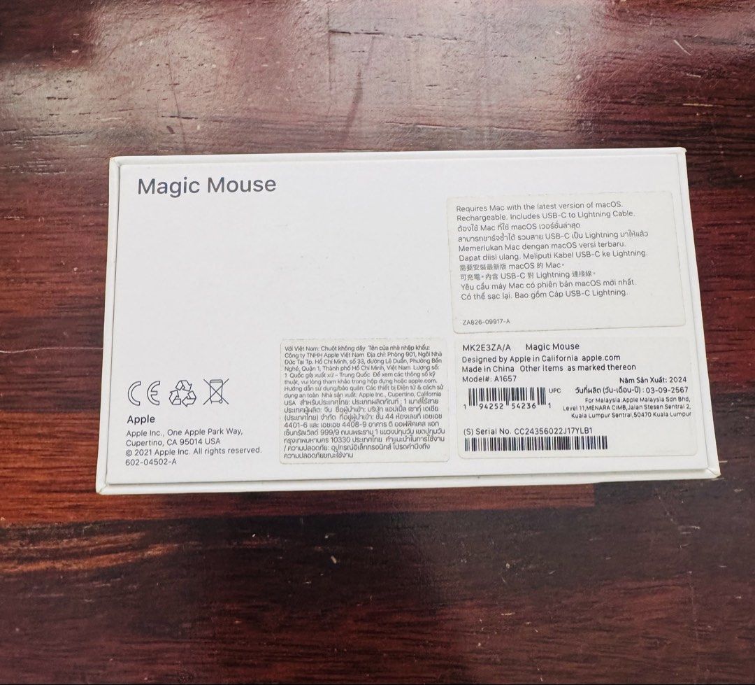 Apple Magic Mouse (Category: Mouse & Mousepads) located in Bulacan. Submitted by roannerae (Listing ID 1470357088, Image 2). Description: - Brand: Apple Magic Mouse (Model: A1657, Part No: MK2E3ZA/A) - Condition: Brand new with box - Color/Design: Sleek white finish with minimalistic profile - Features: Rechargeable battery, smooth multi-touch surface - Compatibility: Ready to pair instantly with your Mac - Authenticity: Direct from Apple, recent