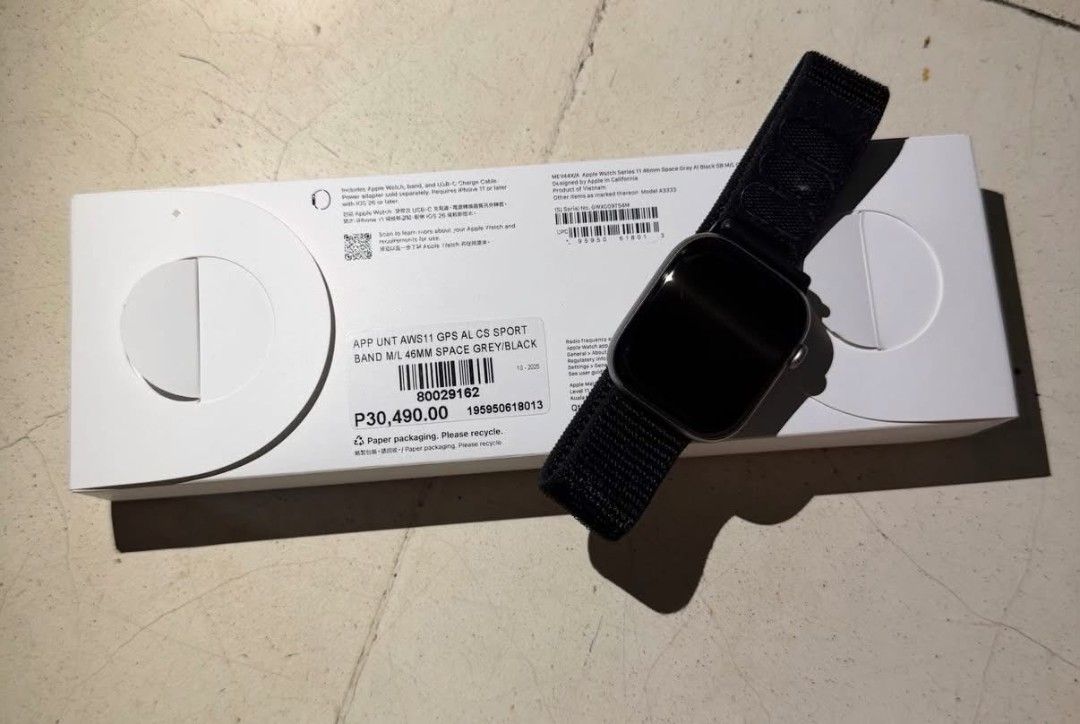 Apple watch series 11 46mm Spacegray (Category: Wearables & Smart Watches) located in Quezon City. Submitted by infected19 (Listing ID 1470479267, Image 2). Description: selling only -- leaving Apple Ecosystem Apple Watch Series 11 46mm Spacegray -original M/L black sportband is still not used -99.9% smooth (see pics) -well taken cared off. maarte ako sa gadgets -still have warranty until December 2026 -100% battery health meetups: ayala vertis n