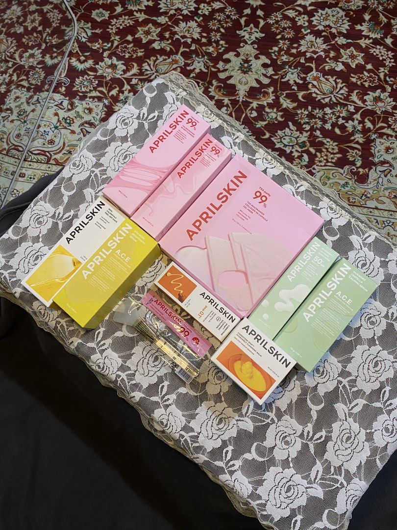 Aprilskin Skincare Products Set (Category: Face Care) located in Calabanga. Submitted by velvetblunt (Listing ID 1470497009, Image 2). Description: *NEVER BEEN USED* completely unused, opened them for unboxing video ₱ 7k for take all ₱ 1k each negotiable.
