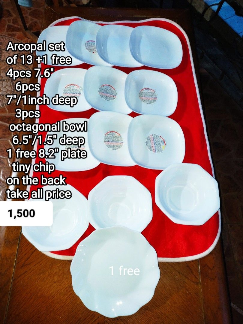 Arcopal Dinnerware Set 13+1 Free Plates and Bowls (Category: Dinnerware & Cutlery) located in Manila. Submitted by margeventa (Listing ID 1470367453, Image 1). Description: - Authentic Arcopal France durable glassware bundle - 4 pieces of 7.6-inch plates - 6 pieces of 7-inch 1-inch deep plates - 3 pieces of 6.5-inch 1.5-inch deep octagonal bowls - FREE: 1 piece 8.2-inch plate (has a tiny chip on the back) - Take-all price: ₱1,500 only LAST PRICE 