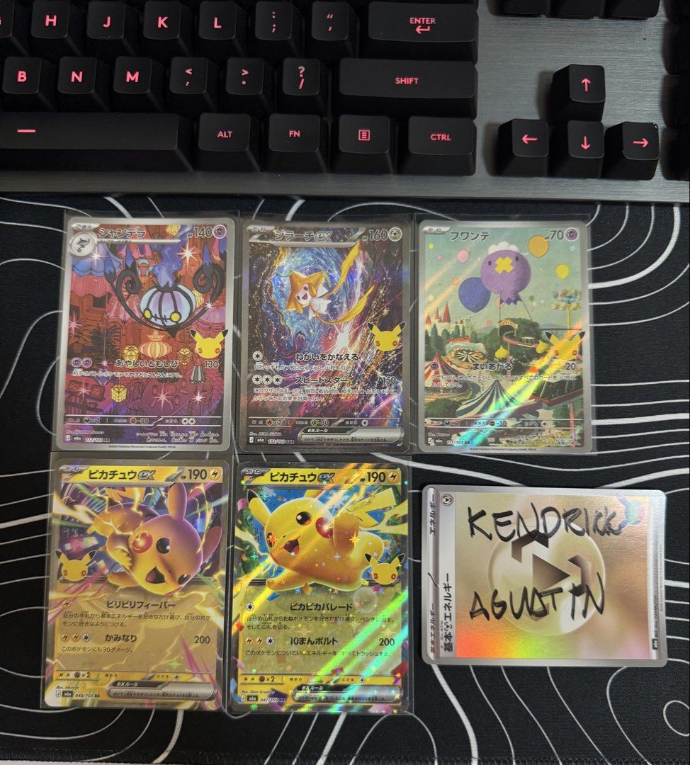 Assorted characters (Category: Raw Singles) located in Bocaue. Submitted by kdot.ag (Listing ID 1470523609, Image 1). Description: Jirachi SIR Drifloon Chandelure Pikachu ex day Pikachu ex night ₱2,600 set (slight nego) 📍Bocaue, Bulacan, can do meetups trinoma/vertis north by sched | Shipping j&t, jrs or lalamove.