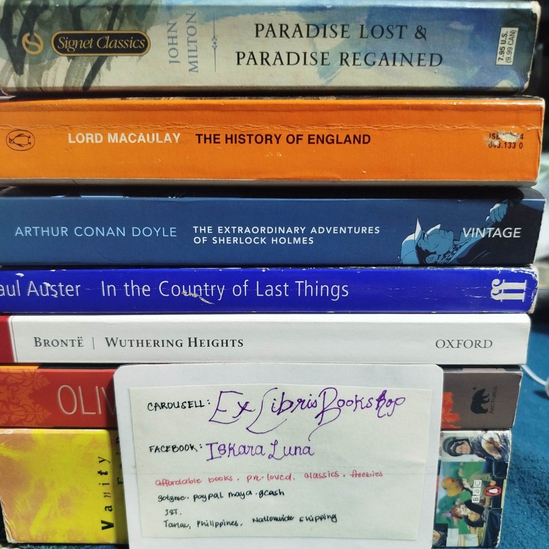 Assorted Classic Literature Books Lot (Category: Storybooks) located in Tarlac. Submitted by exlibrisbookshop (Listing ID 1470530527, Image 1). Description: Classics for sale Paradise Lost: 80 (VERY used) History of England: 80 Sherlock Holmes (Vintage): 200 In the Country of Lost Things: 180 Wuthering Heights (Oxford): 250 Oliver Twist: 180 Vanity Fair (Penguin): 280 📍 J&T. Tarlac PH 💳 Gcash .
