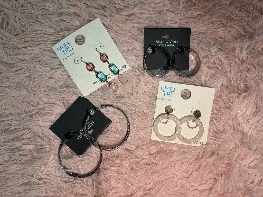 Assorted Earrings Time and Tru Simply Vera Wang (Category: Earrings) located in Manila. Submitted by xyhanix (Listing ID 1470368295, Image 1). Description: Simply Vera Fashion earrings for ₱680 each Time and Tru Fashion earrings for ₱250 each - Brand new, unworn condition with original price tags attached - Includes original packaging cards for easy gifting or storage - 4 stylish pairs in one bundle: Time and Tru white resin hoops, Time and Tru c