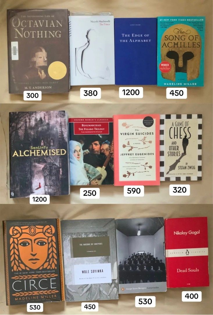Assorted Fiction and Non-Fiction Novels (Category: Storybooks) located in Manila. Submitted by benjchpages (Listing ID 1470477172, Image 2). Description: - Selection: Classics and contemporary reads (Frankenstein, The Song of Achilles, Circe, and more) - Format: Mix of paperbacks and hardbacks - Price: ₱50 to ₱1,200 (refer to cover prices) - Action: Message me for specific titles or to request bundle deals.