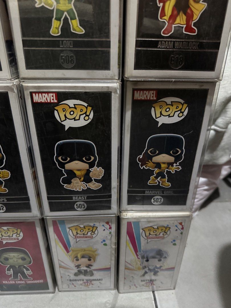 Assorted Marvel and Pop Animation Vinyl Figures (Category: Figurines & Statues) located in Pasig City. Submitted by dhomarao1989 (Listing ID 1470472340, Image 2). Description: - Large Funko Pop collection: Marvel, X-Men, and Boruto series - Included characters: Nick Fury, Loki, Beast, Cyclops, Boruto Uzumaki, and more - Condition: Stored inside plastic protective cases with clearly displayed box numbers - Perfect for collectors looking to buy mul