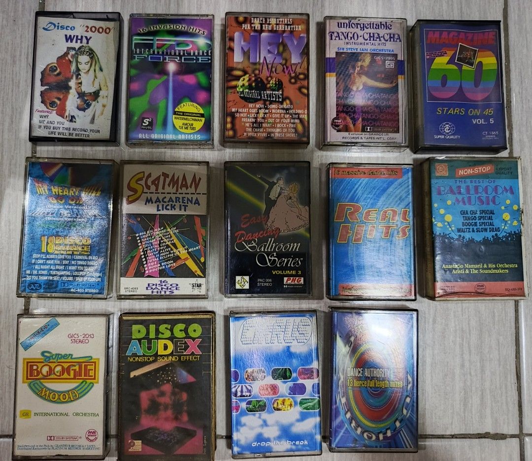 Assorted Vintage Audio Cassette Tapes Lot Disco Dance (Category: CDs & DVDs) located in Manila. Submitted by milkenshie87625 (Listing ID 1470544831, Image 1). Description: - Lot of 14 vintage cassette tapes - Genres: Disco, dance, ballroom, and international compilations - Featured titles: Disco 2000 Why, Scatman Macarena Lick It, Real Hits, and Easy Dancing Ballroom Series - Condition: Cases show normal shelf wear - Perfect for retro music enthu