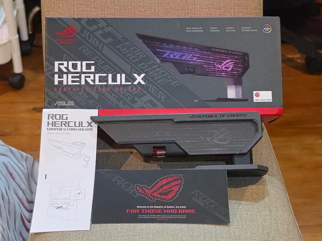 Asus ROG Herculx Graphics Card Holder (Category: Other Accessories) located in Davao. Submitted by spotnick15 (Listing ID 1470460421, Image 1). Description: Selling My: Asus ROG Herculx Graphics Card Holder The robust ROG Herculx Graphics Card Holder securely fortifies even the most powerful cards, plus offers an easy-to-use design and extensive compatibility. • Stand design is compatible with a variety of chassis and doesn’t occupy PCIe slots. •