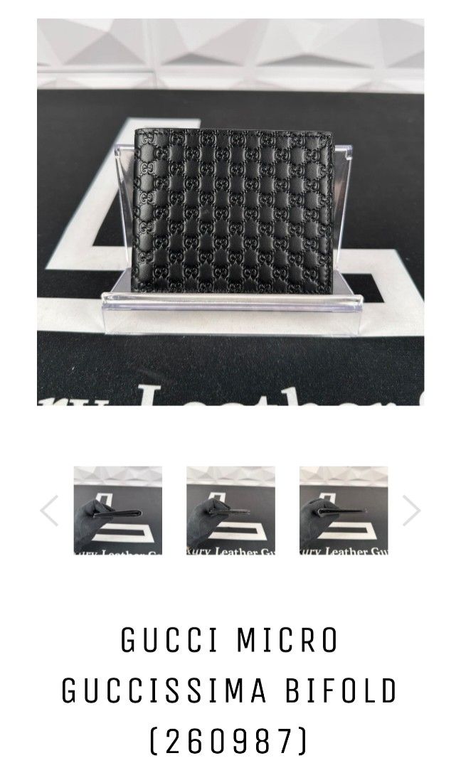 Authentic Gucci micro guccissima bifold (Category: Luxury Bags & Wallets) located in Puerto Princesa. Submitted by lotsstuff (Listing ID 1470382972, Image 1). Description: Black GG embossed leather Includes None Origin Italy Date/Authenticity Code: 260987-525040 Measurements: 5" L x 3.75" H Interior Pockets: Six card slots, two flat pockets and one long bill compartment Closure/Opening: Bi-fold closure Interior Lining: Leather Condition: GOOD. Th