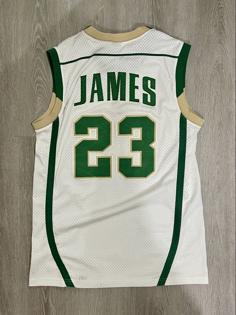 Authentic vintage LeBron James high school jersey (Category: Activewear) located in Marikina City. Submitted by menggufinds (Listing ID 1470416140, Image 2). Description: For Sale: Original Nike St. Vincent-St. Mary LeBron James #23 “Irish” high school home jersey Condition: 9/10 Size: Medium Dimensions: L: 32 inches W: 22.5 inches.
