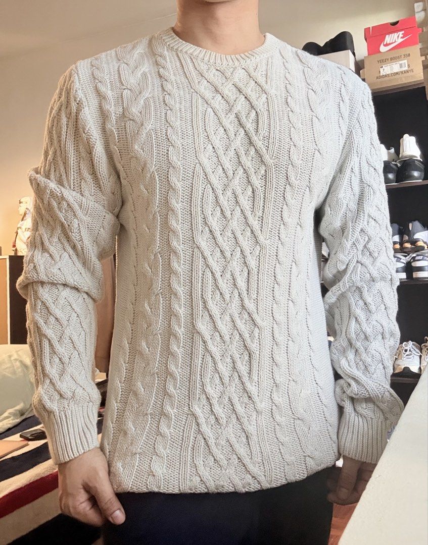 Authentic Zara Cable-Knit Crewneck Sweater (Category: Coats, Jackets and Outerwear) located in Mandaluyong City. Submitted by material_boi (Listing ID 1470360507, Image 3). Description: Used twice or thrice. Store bought for I think ₱3K+. Made in Turkey. 100% cotton. Mabigat and mainit, perfect for fall or pang-office pag malamig office nyo. Parang dusty grey yung color nya. This is vertical braids in design. Size M on tag approx 19 inches wide a