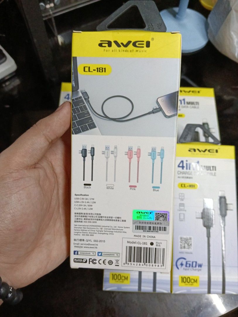 AWEI CL-184 4 in 1 Multi Charge Cable Data Fast Charging (Category: Chargers & Cables) located in Manila. Submitted by dahdahr (Listing ID 1470464119, Image 2). Description: ↛ Authentic - Purchased from Official Store. ↛ can provide any proofs ↛ MOP: Cash/Gcash ↛ MOD: LBC, Lalamove, J&T or Pick up ↛ MEET UP: SM Sta.Mesa/Quiapo Church/Savemore Nagtahan/Vicente Cruz, España Blvd ↛ LOC: Sampaloc/Quiapo, Manila.