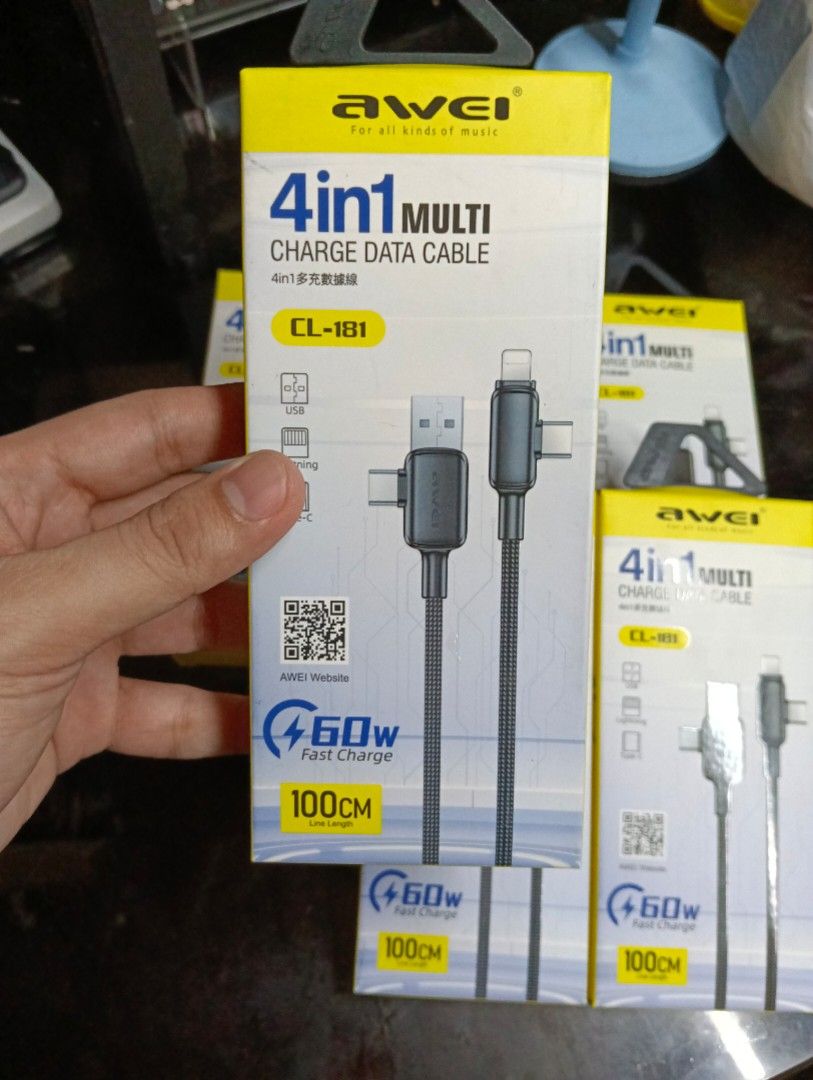 AWEI CL-184 4 in 1 Multi Charge Cable Data Fast Charging (Category: Chargers & Cables) located in Manila. Submitted by dahdahr (Listing ID 1470464119, Image 1). Description: ↛ Authentic - Purchased from Official Store. ↛ can provide any proofs ↛ MOP: Cash/Gcash ↛ MOD: LBC, Lalamove, J&T or Pick up ↛ MEET UP: SM Sta.Mesa/Quiapo Church/Savemore Nagtahan/Vicente Cruz, España Blvd ↛ LOC: Sampaloc/Quiapo, Manila.