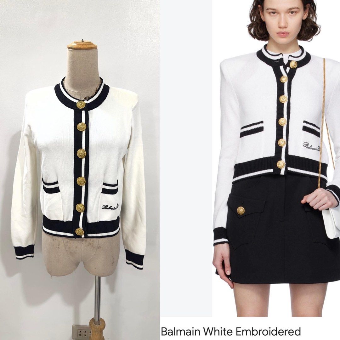 Balmain White & Black Embroidered Cardigan (Category: Coats, Jackets and Outerwear) located in Bacolod City. Submitted by bhabissagal-05763 (Listing ID 1470400162, Image 1). Description: - Brand: Balmain - Style: White and black knit cardigan with contrast trim - Size: S (tag attached) - Hardware: Signature gold-tone lion crest buttons - Details: Embroidered Balmain Paris script logo near the hem, ribbed cuffs and hem - Condition: Includes care l