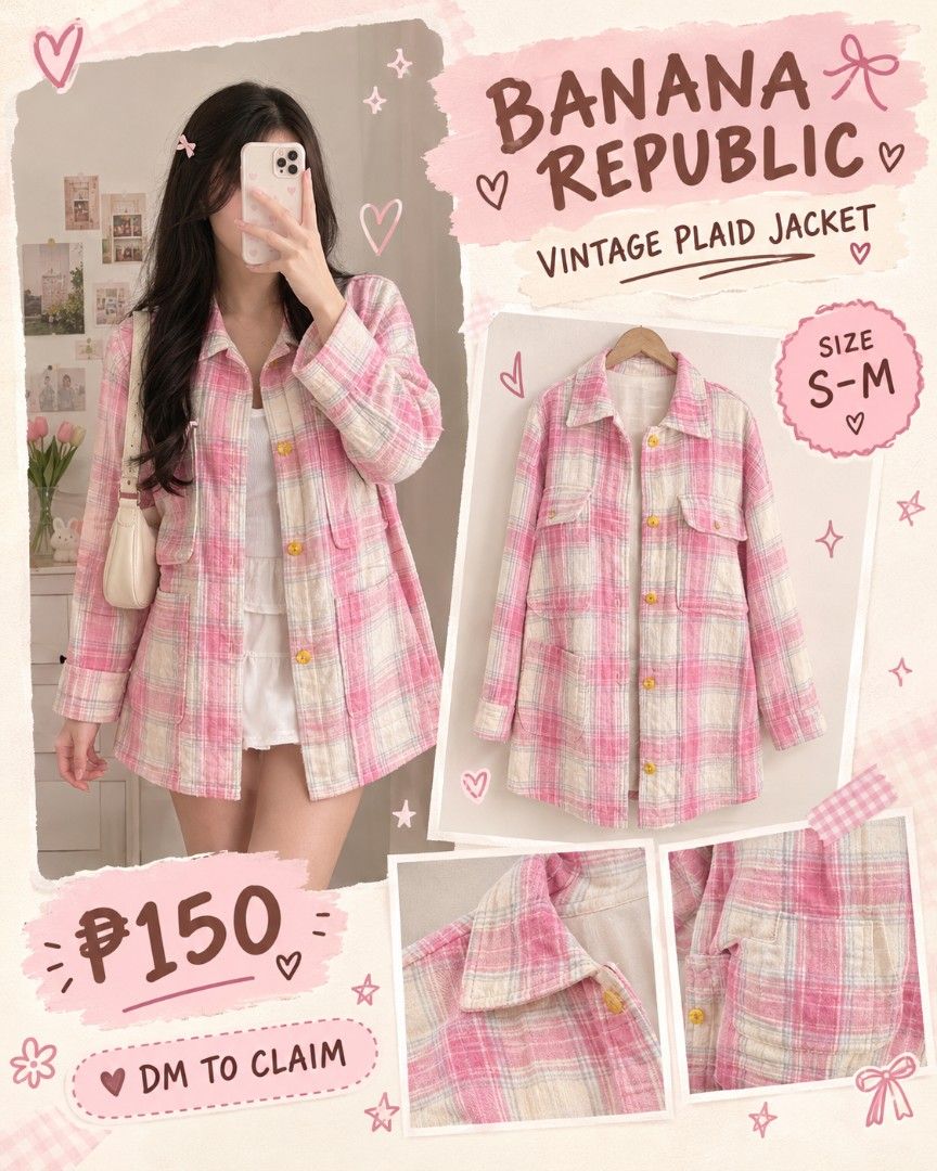 Banana Republic Vintage Plaid Jacket (Category: Coats, Jackets and Outerwear) located in Manila. Submitted by cleverearth.ed94b6 (Listing ID 1470368293, Image 2). Description: - Brand: Banana Republic vintage - Color: Pink and white plaid - Style: Button-down with collar and front pockets - Size: Fits S to M - Material: Classic cozy flannel - Condition/Vibe: Great layering piece for chilly days.