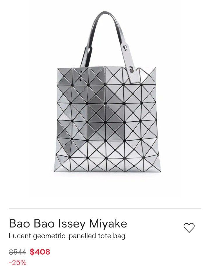 Bao Bao Issey Miyake Lucent Tote Bag Silver (Category: Tote Bags) located in Manila. Submitted by twinklelyn03 (Listing ID 1470416550, Image 1). Description: - Brand: Bao Bao Issey Miyake - Color: Metallic Silver - Design: Iconic geometric triangular panel design - Features: Adjustable top snap-button handles, inner zip pocket with branded pull tab, and durable fabric lining - Practicality: Extremely lightweight construction and folds completely 