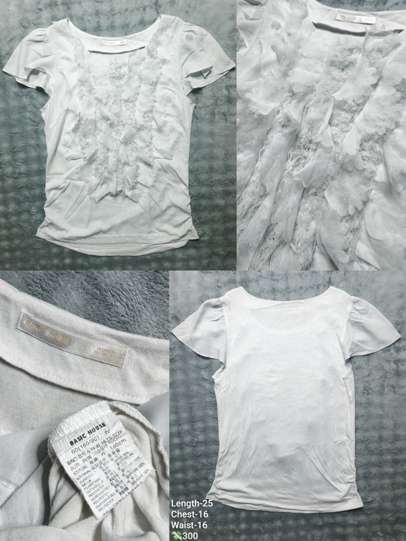 Basic House White Ruffled Short Sleeve Blouse Size 90 (Category: Blouses) located in Floridablanca. Submitted by vintager12 (Listing ID 1470403224, Image 1). Description: - Brand: Basic House - Color: White - Style: Short sleeve blouse with front ruffles and flare sleeves - Material: Soft cotton blend - Size: 90 (160/90) - Measurements: Length 25", Chest 16", Waist 16" - Condition: Excellent.