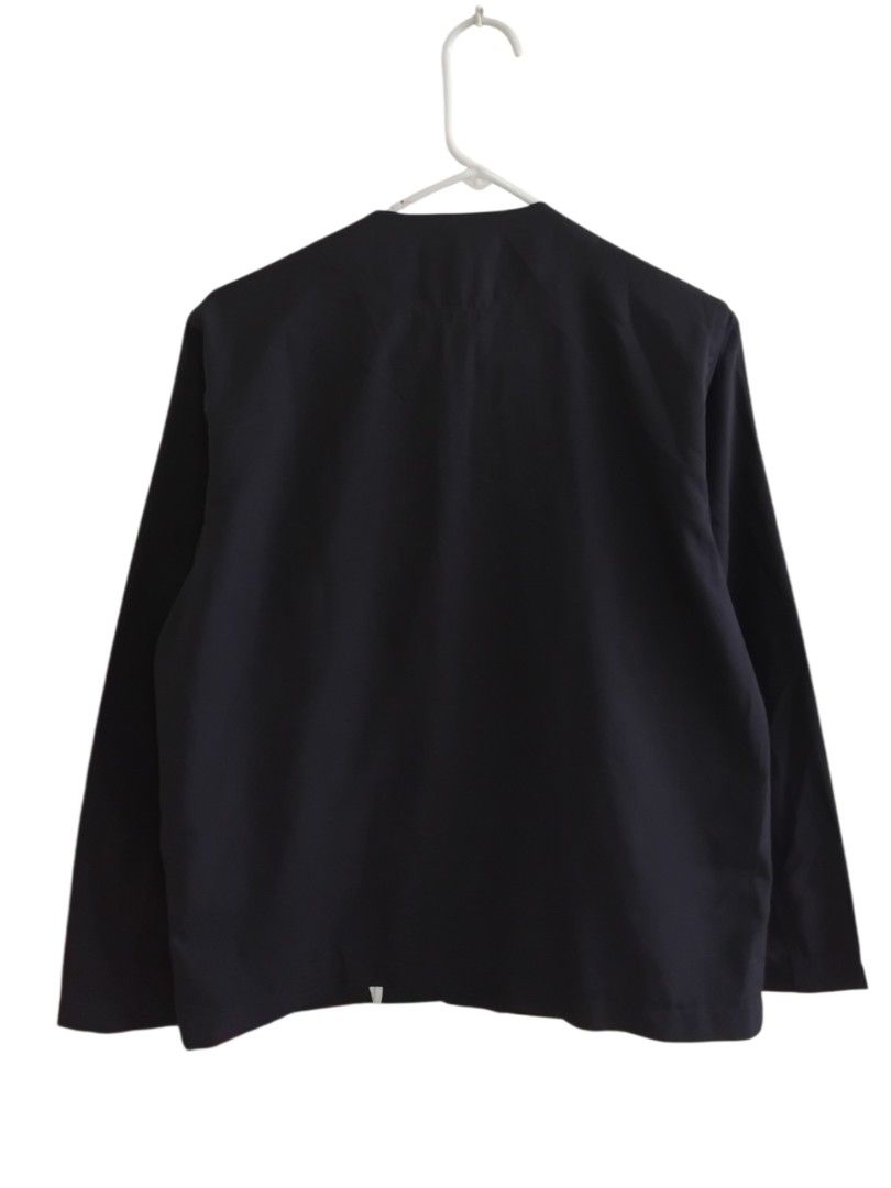 Beams Japan Navy Blue Zip-Up Collarless Jacket (Category: Coats, Jackets and Outerwear) located in Pasig City. Submitted by hustlexcurate (Listing ID 1470368299, Image 3). Description: Beams Japan Navy Blue Zip-Up Collarless Bomber Jacket Size S Dimensions: 21X25.