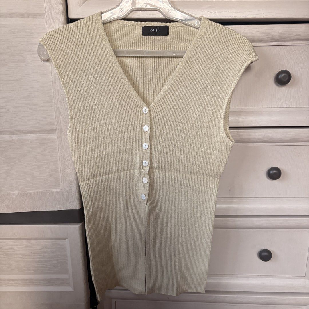 BKK Ribbed Sleeveless Top (Category: Sleeveless) located in Makati City. Submitted by iu__00 (Listing ID 1470444966, Image 1). Description: - Brand: ONE-K -Size: Small to Med - Color: Avocado green - Material: Stretchy ribbed knit fabric - Design: V-neckline with white buttons, cap sleeves, plain back - Fit: Fitted and flattering.