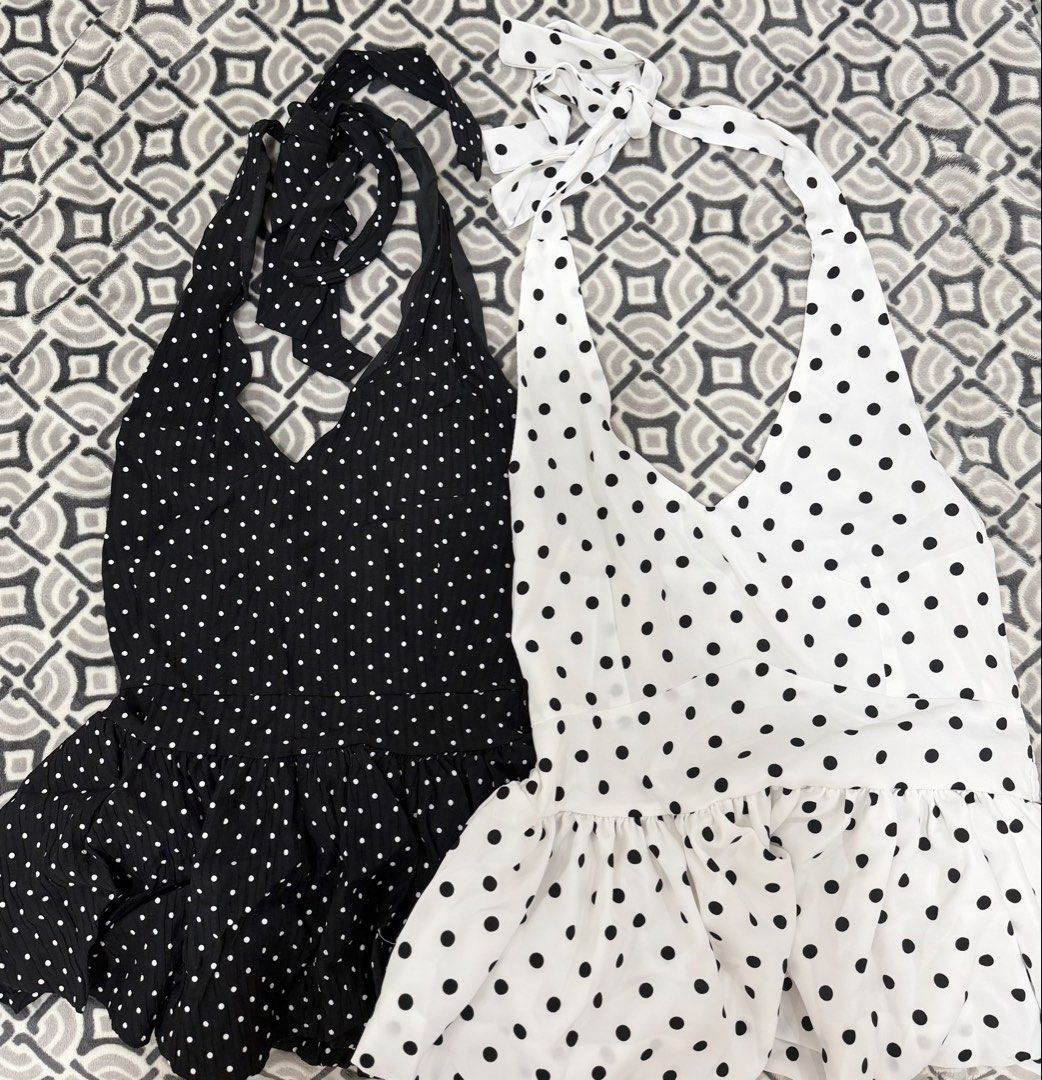 Black and White Polka Dots Halter Top Bundle (Category: Sleeveless) located in Cavite. Submitted by dreampolice (Listing ID 1470414829, Image 1). Description: ✴︎ strictly selling as a set/bundle ✴︎ only wore the black top once, never wore the white one ✴︎ bought from tiktok shop.
