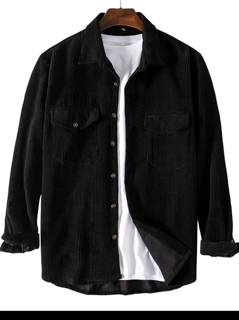 Black Corduroy Overshirt Button Up Jacket (Category: Coats, Jackets and Outerwear) located in Manila. Submitted by jajahail2025 (Listing ID 1470526785, Image 1). Description: - Color: Black - Material: Textured ribbed corduroy fabric - Fit: Relaxed fit through torso and sleeves - Features: Front button closure and dual chest flap pockets - Styling: Perfect worn open over a white tee for casual everyday outfits.