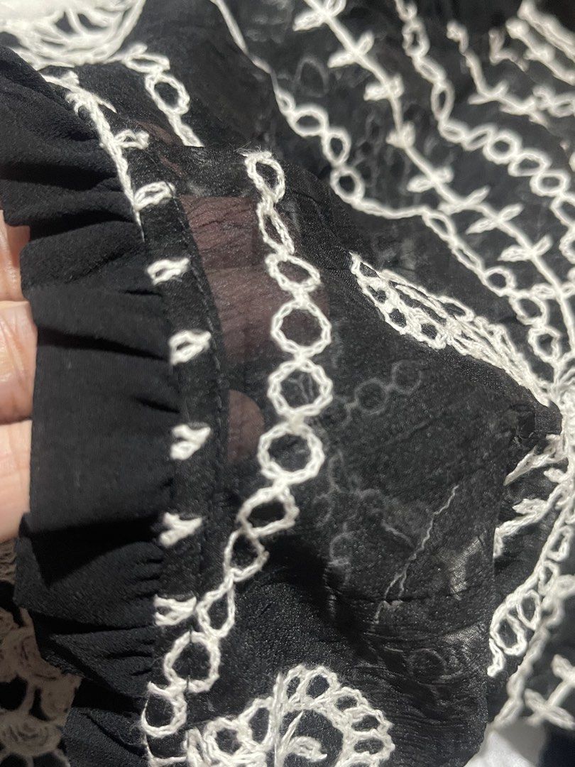 Black embroidered top (Category: Others Tops) located in Donsol. Submitted by saksthriftavenuebyluckymaria8 (Listing ID 1470431355, Image 3). Description: Black embroidered top Sz 40 chest 22in length 26in armhole 9in shoulder 16in Excellent not stretchable .