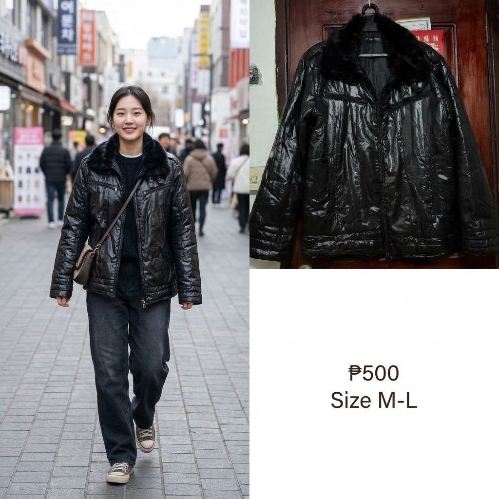 Black Fur Collar Winter Jacket Size M-L (Category: Coats, Jackets and Outerwear) located in Pasig City. Submitted by styledfitsbymae (Listing ID 1470512388, Image 1). Description: - Color: Black with a stylish shiny finish - Features: Cozy furry collar, front zipper closure, and functional pockets - Size: Fits Medium to Large - Condition: Great warm outerwear for cold weather - Price: Only ₱500!.