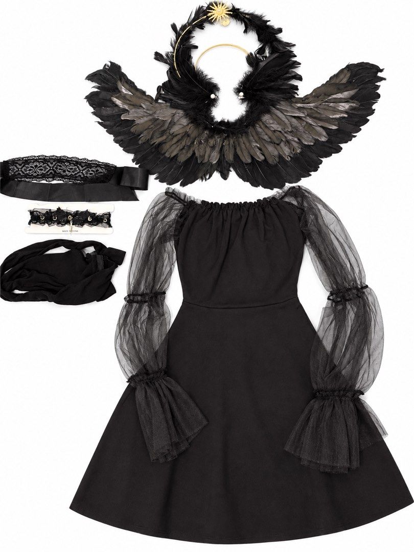 Black gothic angel costume set (Category: Sets or Coordinates) located in Manila. Submitted by rhenalynx_ (Listing ID 1470492905, Image 1). Description: - Complete gothic angel costume set - Includes black off-shoulder dress with sheer bishop sleeves - Features dark feather collar piece with halo and sun motif - Accessories included: black choker, lace stockings, and lace eyestrap - Ideal for Halloween parties or themed photoshoots - All pieces m
