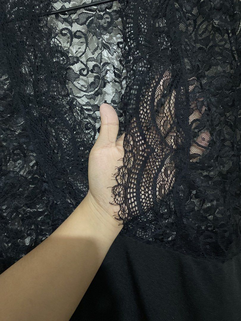Black Lace Top Midi Dress (Category: Blouses) located in Binan City. Submitted by jjazrylle (Listing ID 1470550549, Image 2). Description: size: m-l condition: 9/10 (once used) style: black midi dress with floral lace long sleeves design: smooth bottom fabric and a chic deep v-neckline in the back .