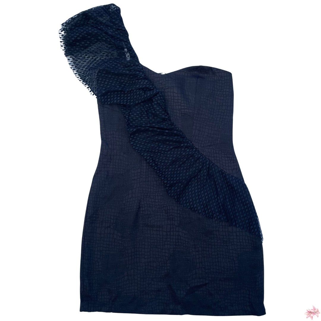 Black One-Shoulder Ruffle Mini Dress (Category: Dresses) located in Iligan City. Submitted by lisiantbel (Listing ID 1470529848, Image 1). Description: - Color: black - Style: One-shoulder bodycon mini dress - Material: Textured snake-pattern fabric with sheer dotted mesh - Details: Asymmetrical diagonal ruffle overlay - Perfect for: Parties, clubbing, and date nights.