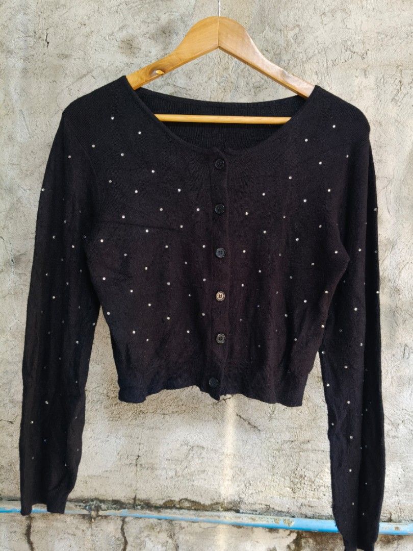 Black rhinestone button cardigan sweater cropped (Category: Coats, Jackets and Outerwear) located in Makati City. Submitted by thriftersmakati (Listing ID 1470386181, Image 1). Description: - Style: Cropped cardigan with round neckline - Details: Covered in small sparkling rhinestones across the front and sleeves - Closure: Button-up front with dark buttons - Material: Soft knit fabric - Fit: Long sleeves, great layering piece for any outfit.