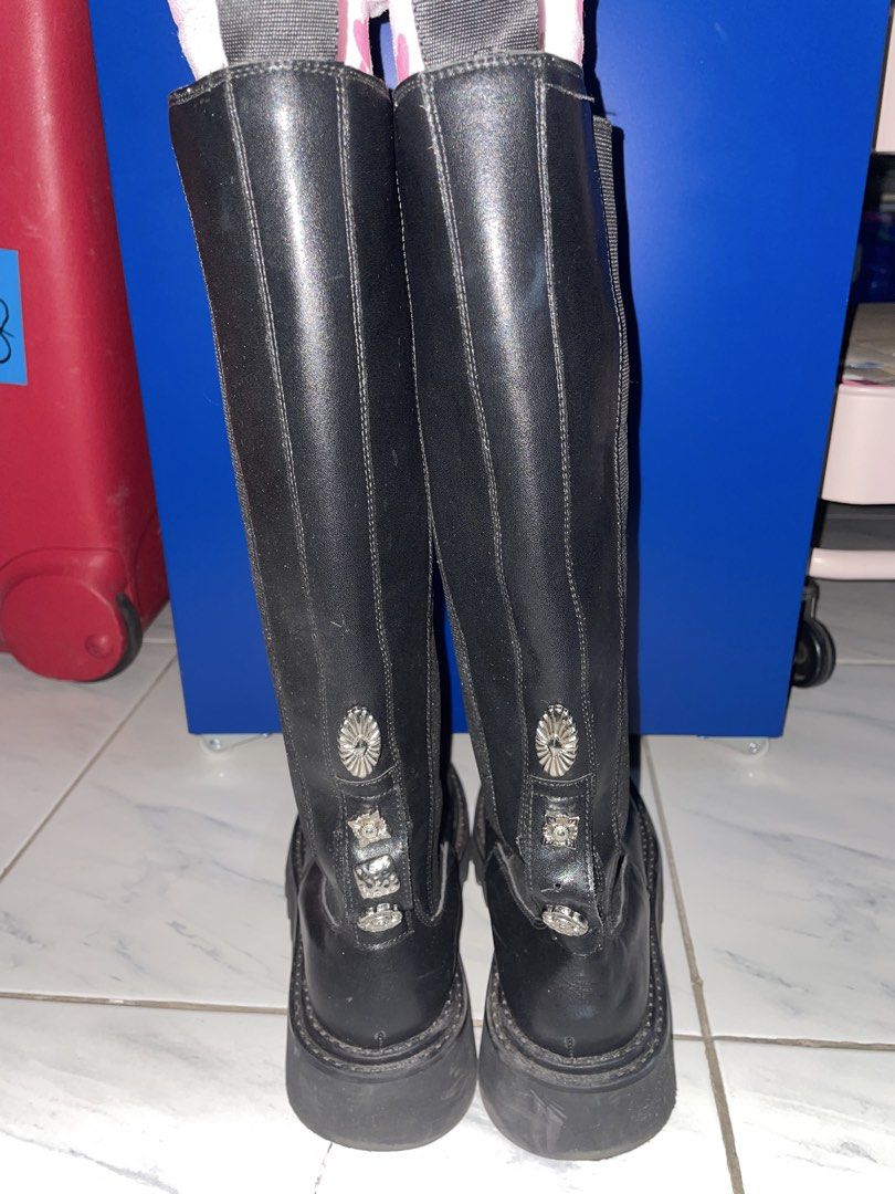 Black Thigh High Boots with Decorative Hardware (Category: Boots) located in Quezon City. Submitted by gems4sale (Listing ID 1470473362, Image 3). Description: RFS: too small for me I think the size is around size 5-6 *hk insert is not included.