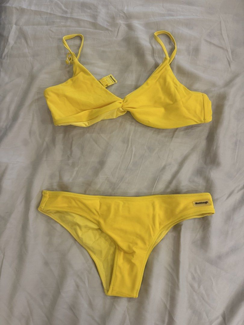 Blackbough Swim yellow bikini set (Category: Bikinis & Swimsuits) located in Quezon City. Submitted by monmonmon13 (Listing ID 1470400646, Image 1). Description: Blackbough Swim yellow bikini set 🔆 - size SMALL top, MEDIUM bottoms - never used, hygienic liner still intact - top is in style: Tona bikini top - bottoms style: forgot na but looks like Moderate (with ruched back detail) - slightly negotiable, can be sold separately.