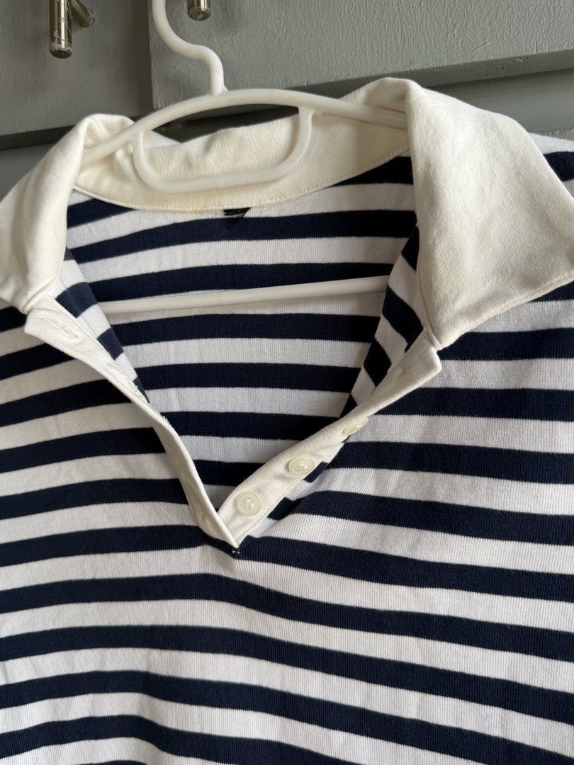 Blue and White Striped Collared Polo Crop Top (Category: Shirts) located in San Juan City. Submitted by itemsfromkam (Listing ID 1470451770, Image 2). Description: • fits XS - S • cropped, stretchable • similar fit to last photo.