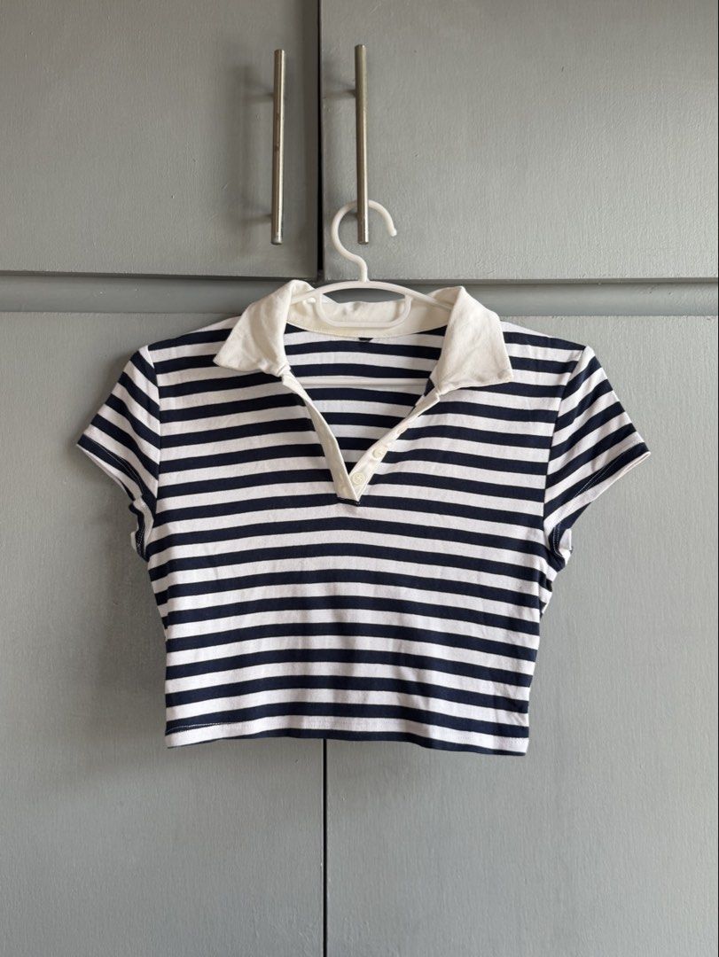 Blue and White Striped Collared Polo Crop Top (Category: Shirts) located in San Juan City. Submitted by itemsfromkam (Listing ID 1470451770, Image 1). Description: • fits XS - S • cropped, stretchable • similar fit to last photo.